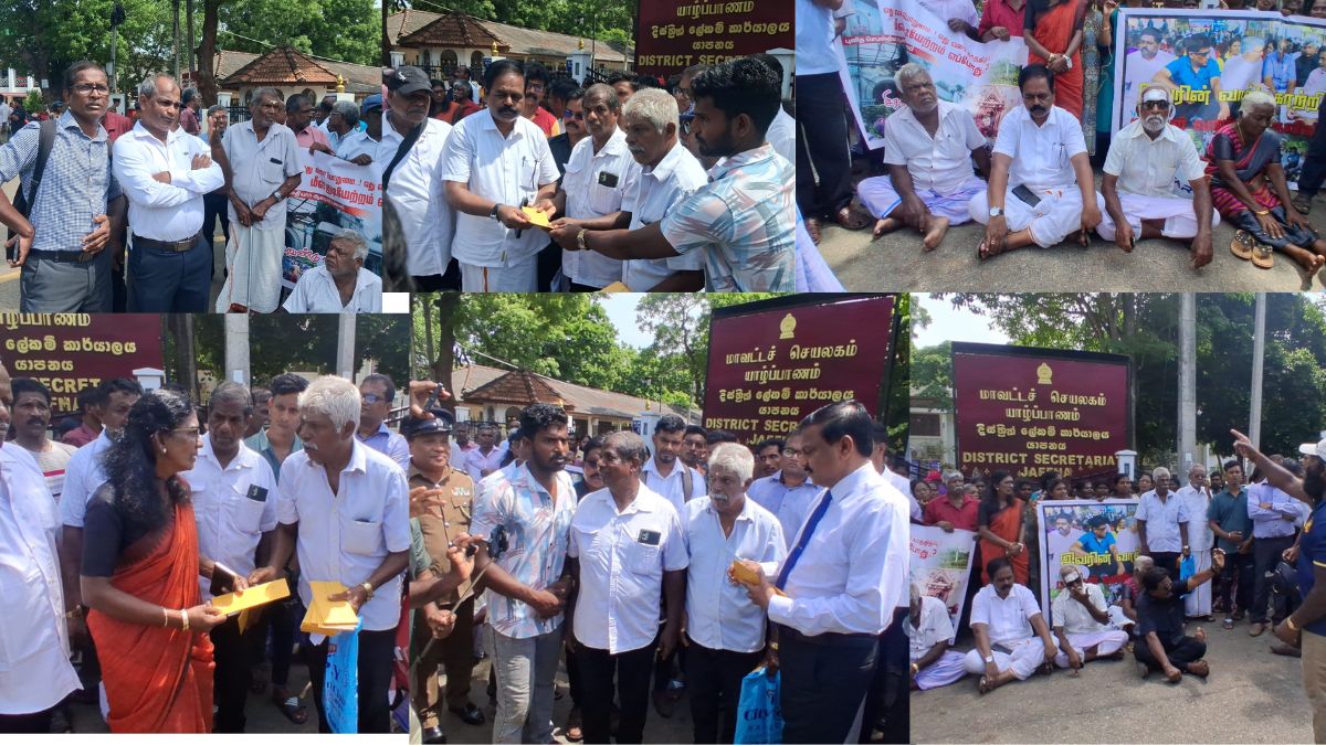 யாழ்.மாவட்டச் செயலகம் முன்பாக காணிகளை விடுவிக்கக்கோரி போராட்டம்!